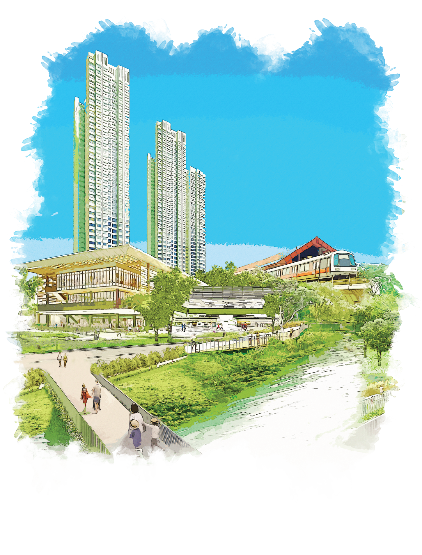 Illustration of a city scene. Tall buildings, green space, pedestrian walkways, a train, and people are visible. Framed with a watercolor effect.
